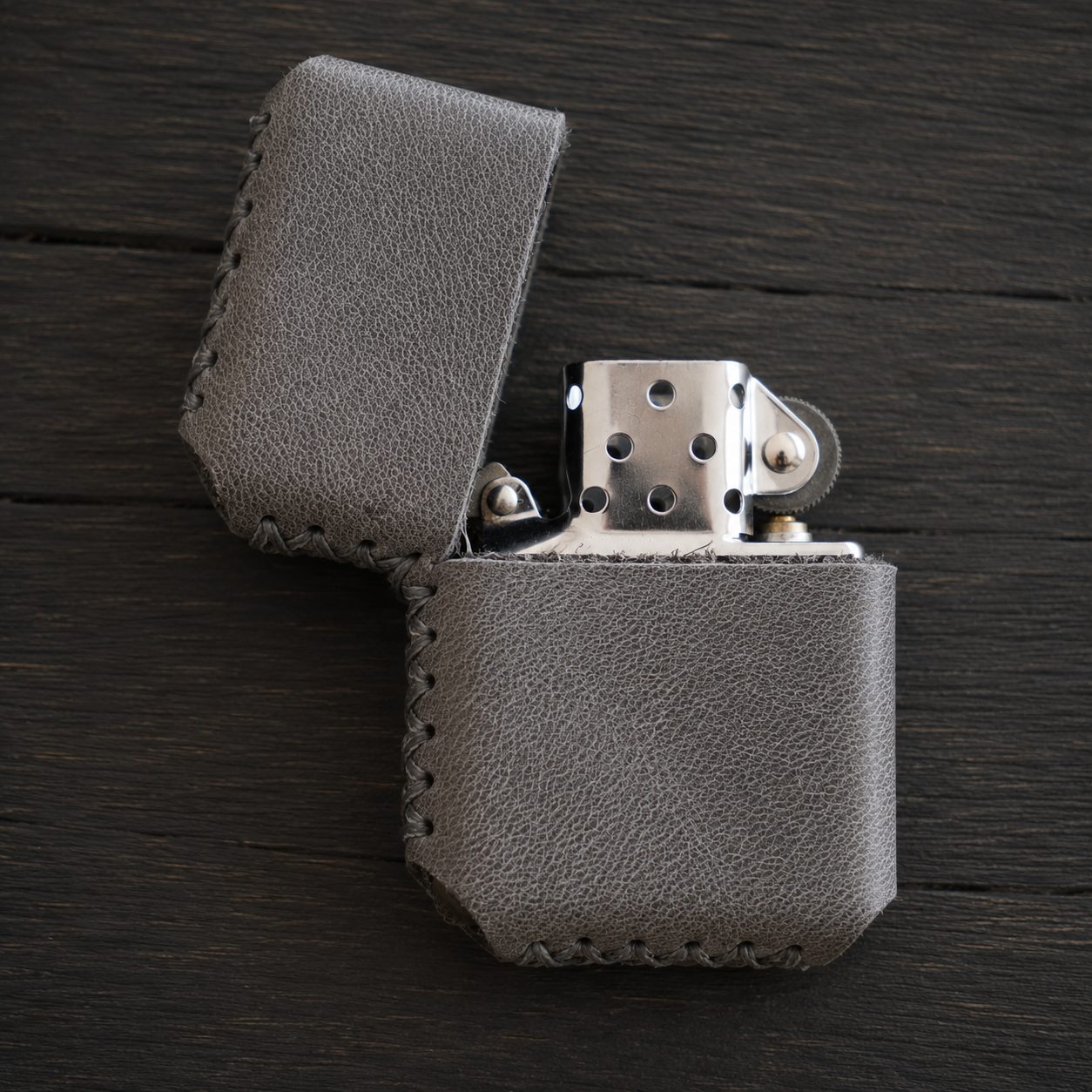 Deri El Yapımı Zippo Çakmak Kılıfı Gri