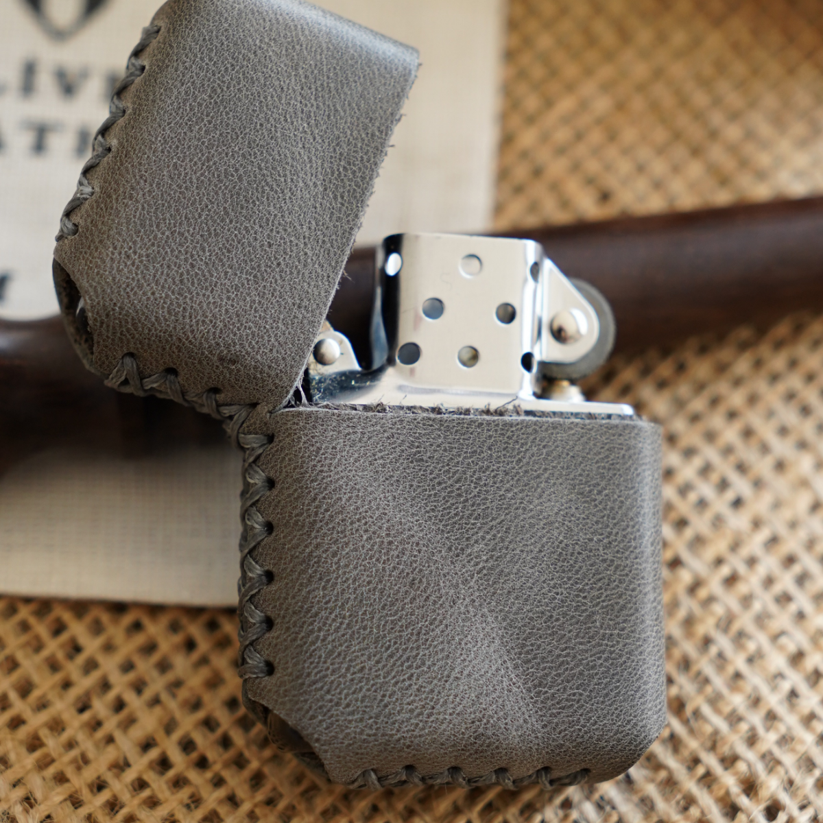 Deri El Yapımı Zippo Çakmak Kılıfı Tiana Gri